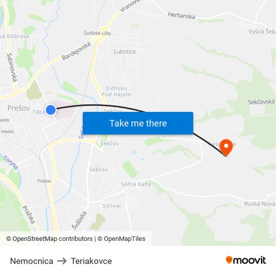 Nemocnica to Teriakovce map