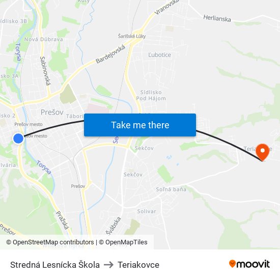 Stredná Lesnícka Škola to Teriakovce map