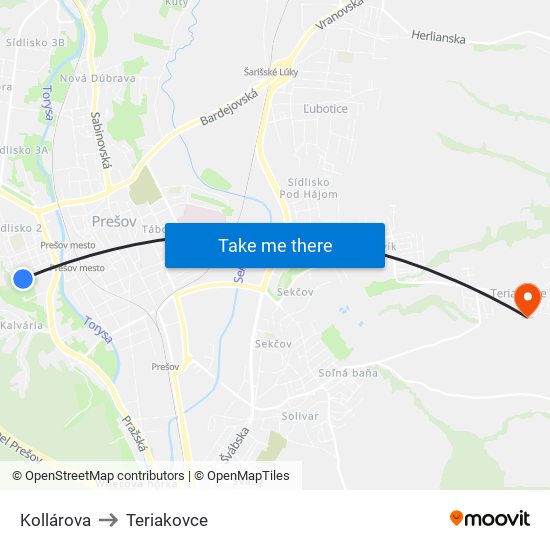 Kollárova to Teriakovce map