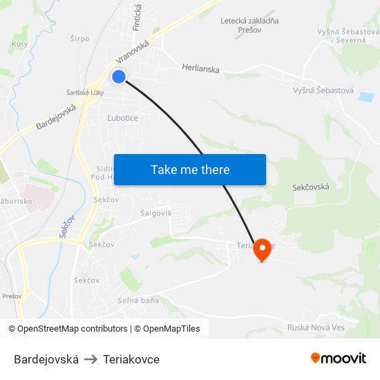 Bardejovská to Teriakovce map