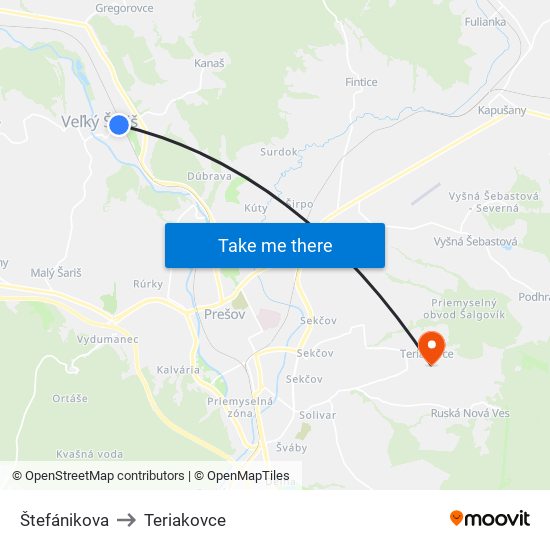 Štefánikova to Teriakovce map