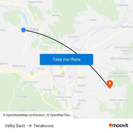 Veľký Šariš to Teriakovce map