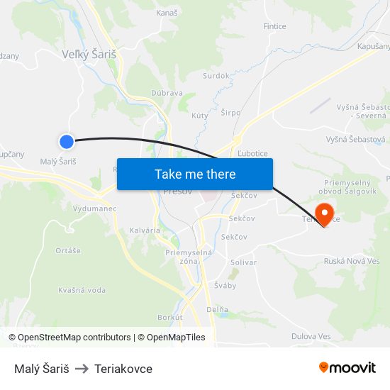 Malý Šariš to Teriakovce map