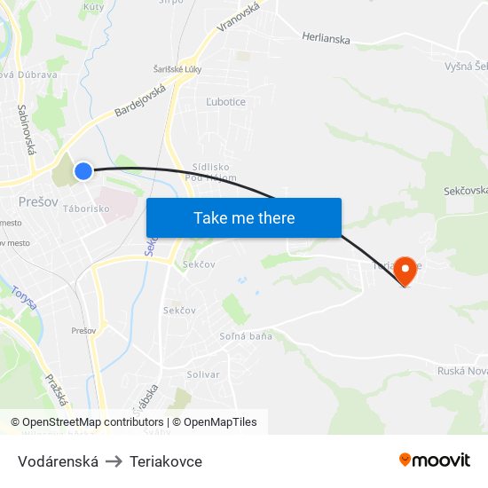 Vodárenská to Teriakovce map