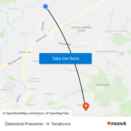 Železničné Priecestie to Teriakovce map