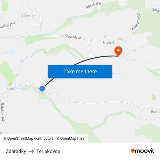 Záhradky to Teriakovce map