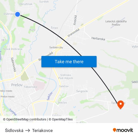 Šidlovská to Teriakovce map