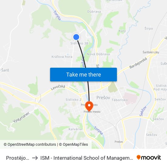 Prostějovská to ISM - International School of Management v Prešove map