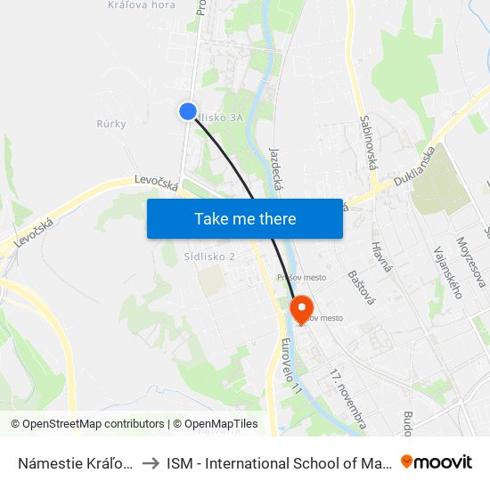 Námestie Kráľovnej Pokoja to ISM - International School of Management v Prešove map