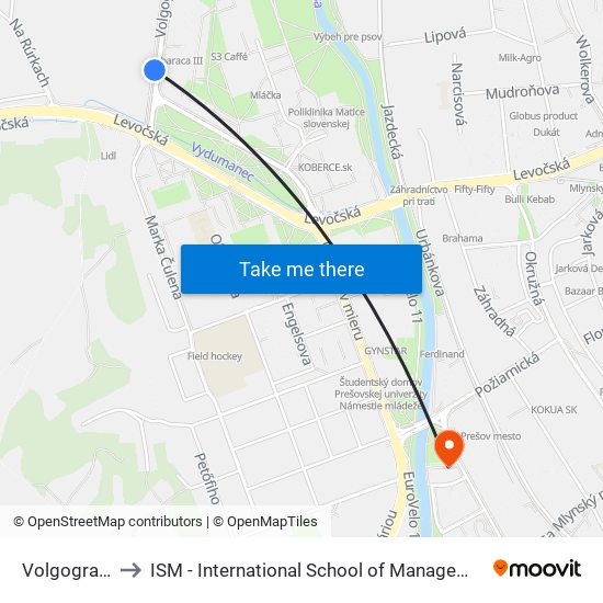Volgogradská to ISM - International School of Management v Prešove map