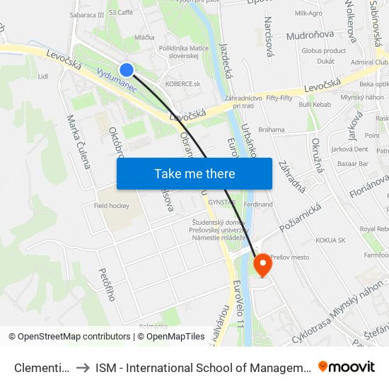 Clementisova to ISM - International School of Management v Prešove map
