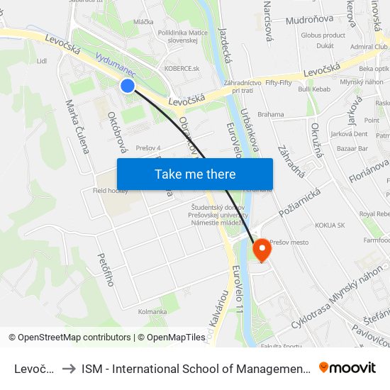 Levočská to ISM - International School of Management v Prešove map