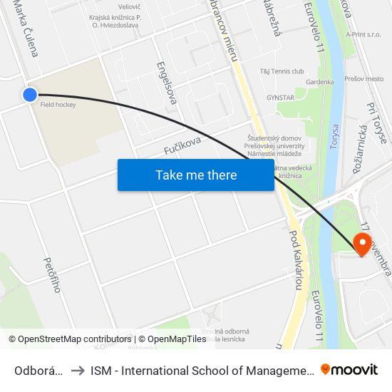 Odborárska to ISM - International School of Management v Prešove map