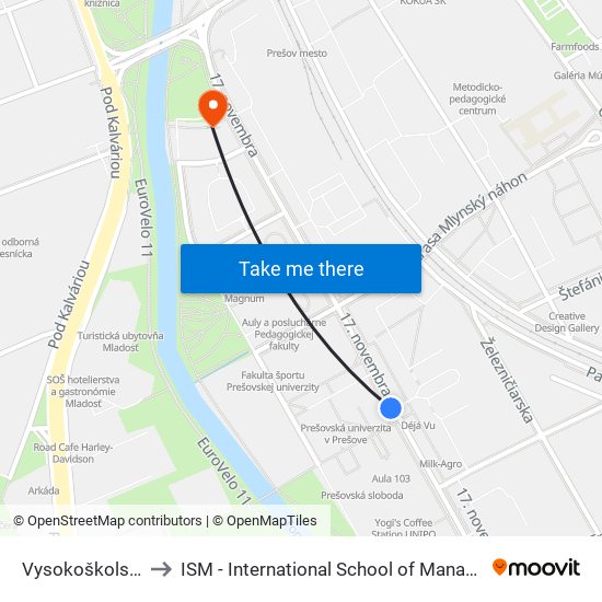 Vysokoškolský Areál to ISM - International School of Management v Prešove map
