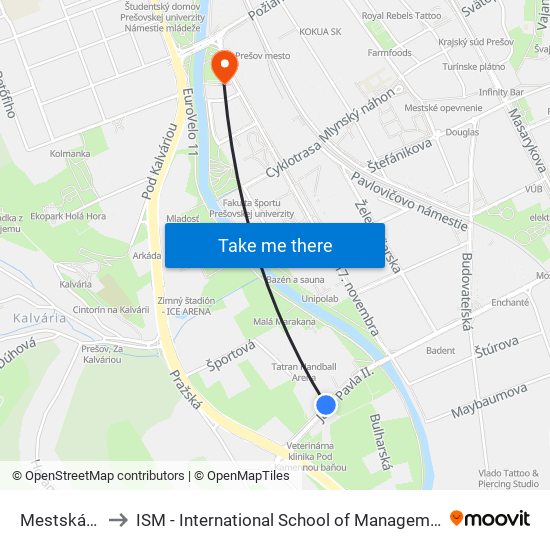 Mestská Hala to ISM - International School of Management v Prešove map