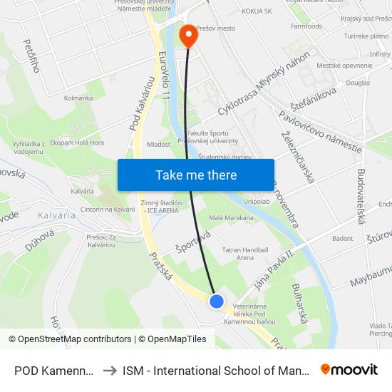 POD Kamennou Baňou to ISM - International School of Management v Prešove map