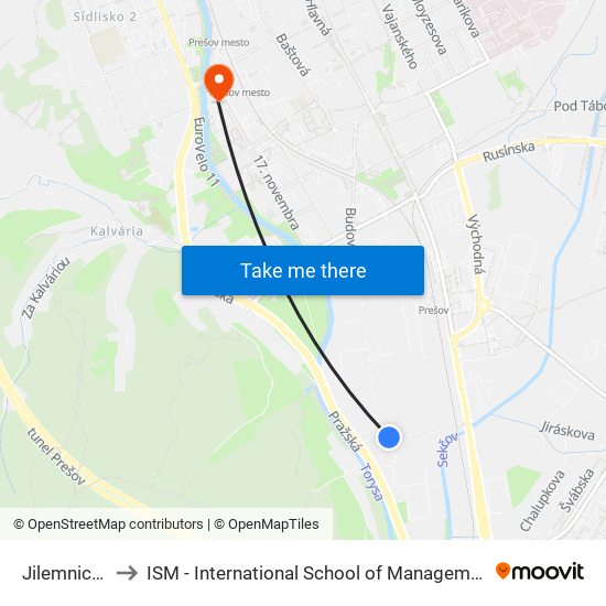 Jilemnického to ISM - International School of Management v Prešove map