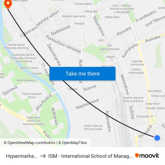 Hypermarket  Tesco to ISM - International School of Management v Prešove map