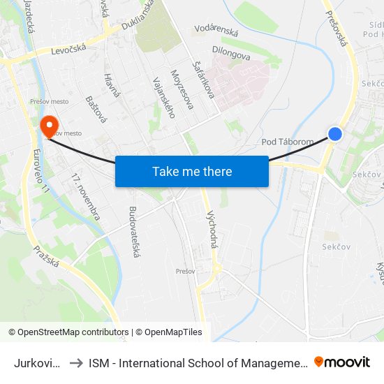 Jurkovičova to ISM - International School of Management v Prešove map