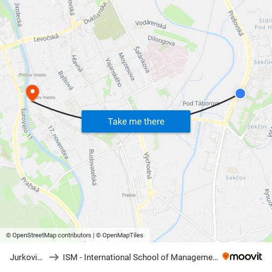 Jurkovičova to ISM - International School of Management v Prešove map