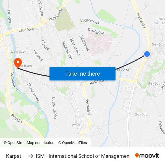 Karpatská to ISM - International School of Management v Prešove map