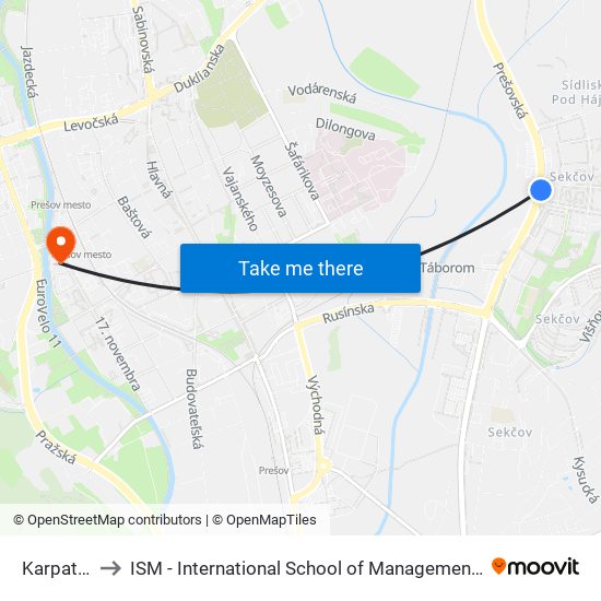 Karpatská to ISM - International School of Management v Prešove map