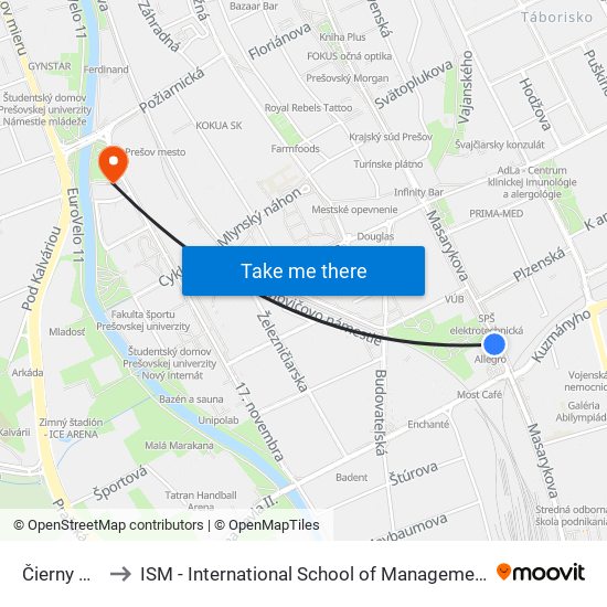 Čierny Most to ISM - International School of Management v Prešove map