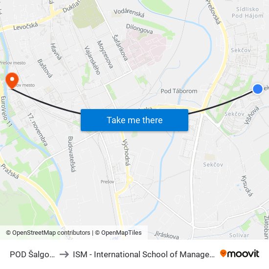 POD Šalgovíkom to ISM - International School of Management v Prešove map