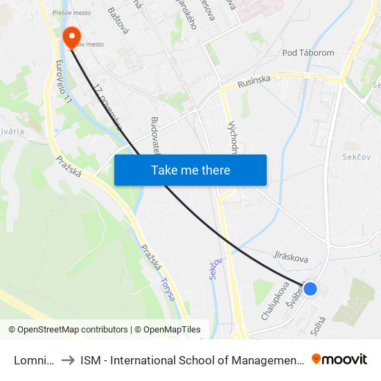 Lomnická to ISM - International School of Management v Prešove map