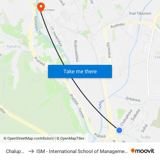 Chalupkova to ISM - International School of Management v Prešove map