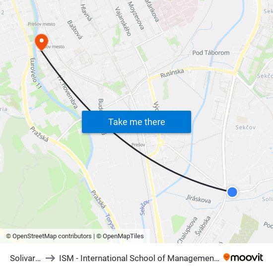 Solivarská to ISM - International School of Management v Prešove map