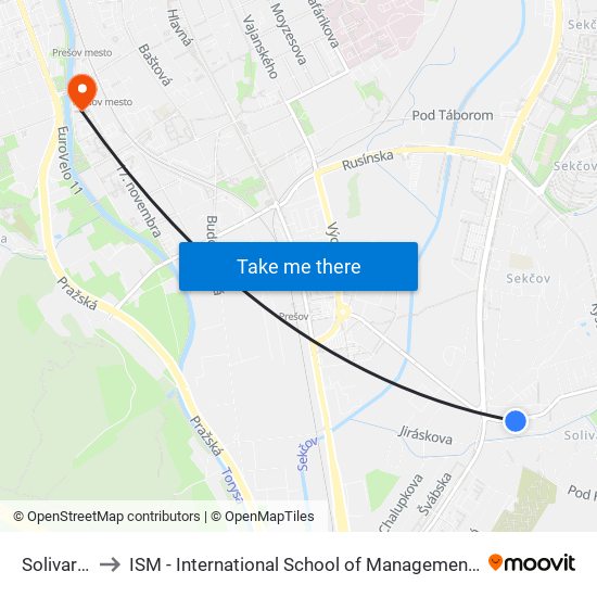 Solivarská to ISM - International School of Management v Prešove map