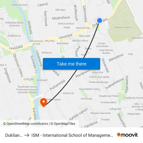 Duklianska to ISM - International School of Management v Prešove map