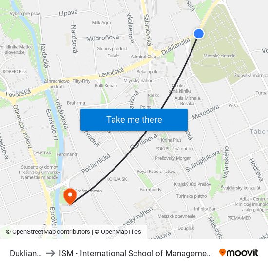 Duklianska to ISM - International School of Management v Prešove map