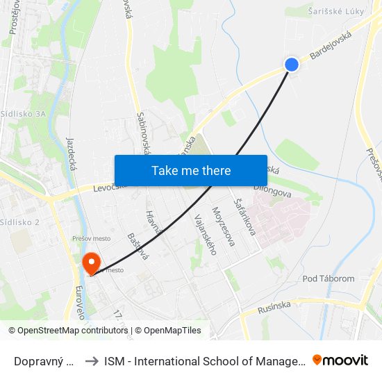 Dopravný Podnik to ISM - International School of Management v Prešove map