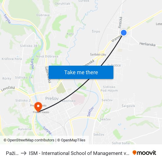 Pažica to ISM - International School of Management v Prešove map