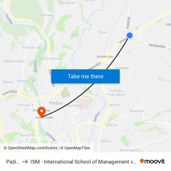 Pažica to ISM - International School of Management v Prešove map