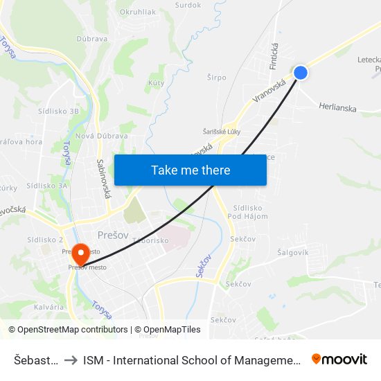 Šebastová to ISM - International School of Management v Prešove map