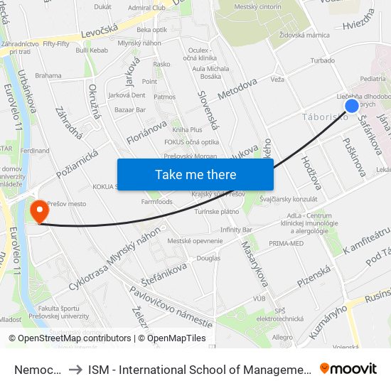 Nemocnica to ISM - International School of Management v Prešove map