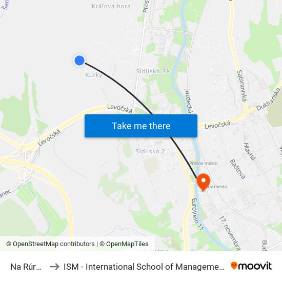 Na Rúrkach to ISM - International School of Management v Prešove map