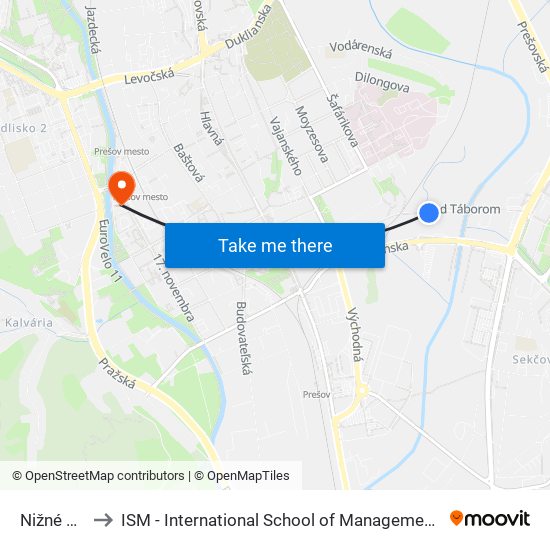 Nižné Lúky to ISM - International School of Management v Prešove map