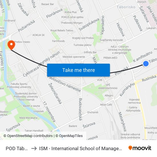 POD Táborom to ISM - International School of Management v Prešove map