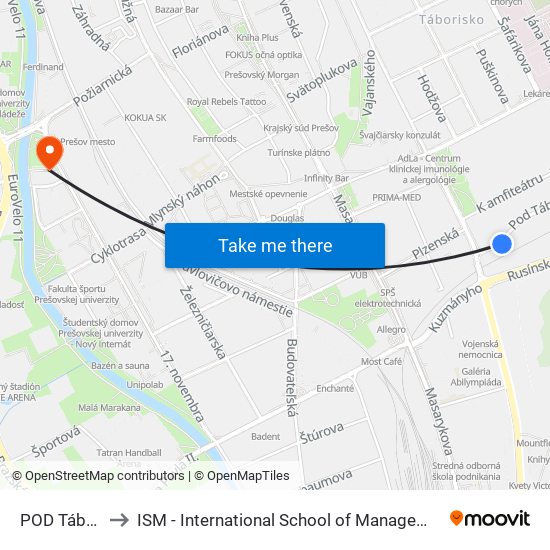 POD Táborom to ISM - International School of Management v Prešove map