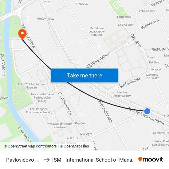 Pavlovičovo Námestie to ISM - International School of Management v Prešove map