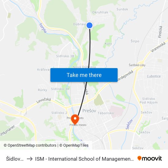 Šidlovská to ISM - International School of Management v Prešove map