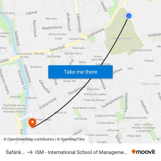 Šafárikova to ISM - International School of Management v Prešove map