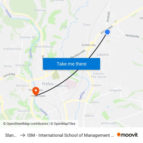 Slanská to ISM - International School of Management v Prešove map