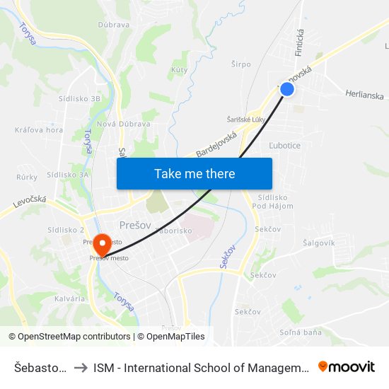 Šebastovská to ISM - International School of Management v Prešove map