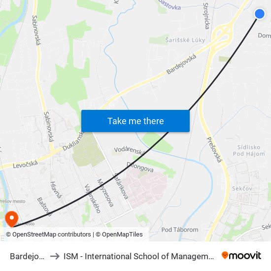 Bardejovská to ISM - International School of Management v Prešove map