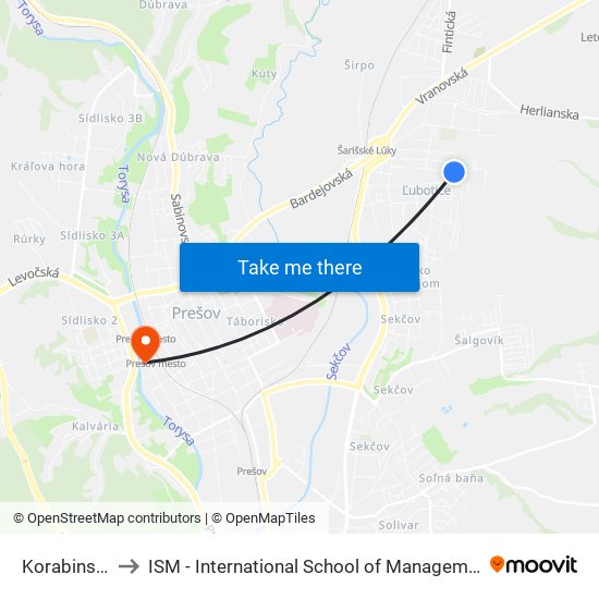 Korabinského to ISM - International School of Management v Prešove map